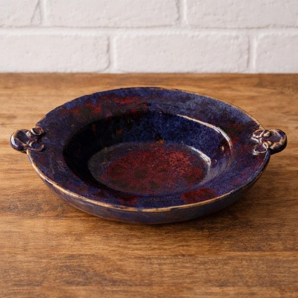Vintage Studio Pottery‎ Oval Bowl Signed Crystalline Galaxy Glaze Blue Red 12"